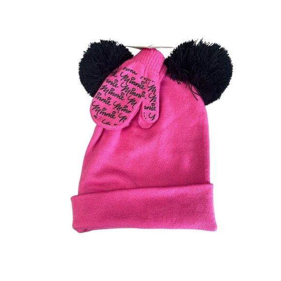 Disney Minnie Mouse Girl's Pink Knit Beanie With Black Pom Ears & Silver Bow - Picture 2 of 2